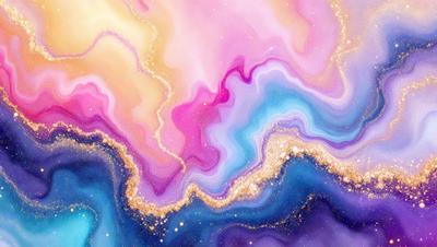 The primary subject of the image is a colorful, swirling pattern of gold, purple, and blue hues. The setting is a background of a colorful, swirling pattern of gold, purple, and blue hues. The visual style is a digital art or illustration, with a vibrant and lively atmosphere.