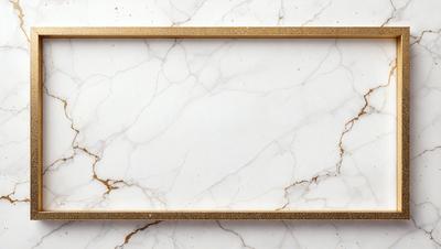 The primary subject of the image is a marble countertop with a gold frame. The setting is a kitchen or bathroom, as the countertop is a part of a counter. The visual style is a photo, capturing the natural beauty of the marble and gold frame. The colors and mood of the image are elegant and sophisticated, with the gold frame adding a touch of luxury to the marble countertop.
