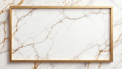 The primary subject of the image is a white marble frame with a gold border. The setting is a white marble table, and the visual style is a photo. The colors and mood of the image are predominantly white and gold, giving it a sophisticated and elegant appearance.