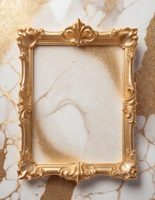 The primary subject of the image is a gold frame with a white background. The frame is adorned with a design that resembles a horse's head. The setting is a marble table, and the visual style is a combination of photo and digital art. The colors in the image are predominantly gold and white, creating a warm and elegant atmosphere.