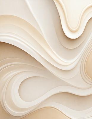 The primary subject of the image is a large, white, curved wall with a pattern of swirls and waves. The setting is a room with a white background, and the visual style appears to be a combination of digital art and illustration. The dominant colors are white and beige, creating a clean and calming atmosphere.