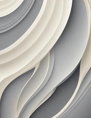 The primary subject of the image is a large, white, and gray sculpture of a wave. The sculpture is made of paper and is displayed on a gray surface. The visual style of the image is a combination of digital art and illustration, creating a unique and artistic representation of the wave. The colors and mood of the image are predominantly gray and white, giving it a calm and serene atmosphere.