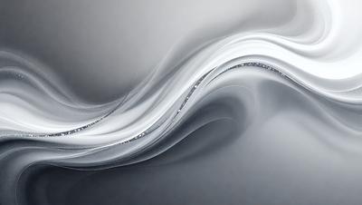 The primary subject of the image is a white, flowing, and curved line that appears to be a wave or a stream of water. The setting is a gray background, which contrasts with the white line. The visual style is a combination of digital art and illustration, creating a dynamic and fluid appearance. The colors and mood of the image are predominantly white, giving it a clean and serene atmosphere.
