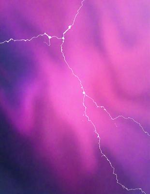 The primary subject of the image is a purple sky with a lightning bolt streaking through it. The setting is a cloudy sky, and the visual style appears to be a photo. The dominant colors are purple and pink, creating a moody and dramatic atmosphere.
