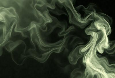 The primary subject of the image is a large, swirling cloud of smoke. The setting is a dark background, which contrasts with the smoke, creating a dramatic visual effect. The visual style is a combination of a photo and digital art, as the smoke appears to be digitally manipulated. The colors and mood of the image are predominantly dark and moody, with the smoke taking up most of the frame and creating a sense of depth and movement.