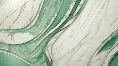 The primary subject of the image is a marble wall with a green and white pattern. The setting is a room with a white background. The visual style is a combination of photo and digital art, creating a unique and intricate design. The dominant colors are green and white, giving the wall a sophisticated and elegant appearance.