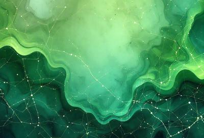 The primary subject of the image is a green, swirling, and colorful background with a pattern of stars. The setting is a space-like environment, and the visual style appears to be a combination of digital art and illustration. The dominant colors are green and blue, creating a vibrant and lively atmosphere.