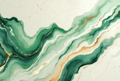 The primary subject of the image is a marble-like pattern with green, yellow, and gold colors. The setting is a white background, which provides a clean and minimalist appearance. The visual style is a combination of digital art and illustration, creating a unique and eye-catching design. The colors and mood of the image are vibrant and lively, with the green and gold hues evoking a sense of natural beauty and the yellow adding a touch of warmth and energy.
