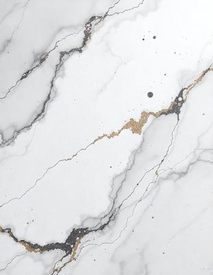 The primary subject of the image is a marble countertop with a gold-colored streak running through it. The setting is a kitchen, and the visual style is a photo. The countertop has a white and gold color scheme, giving it a luxurious and elegant appearance.