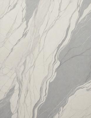 The primary subject of the image is a marble-like pattern on a wall. The setting is a room with a white background. The visual style is a combination of a photo and a drawing, creating a unique and artistic appearance. The colors and mood of the image are predominantly gray, giving it a sophisticated and elegant feel.
