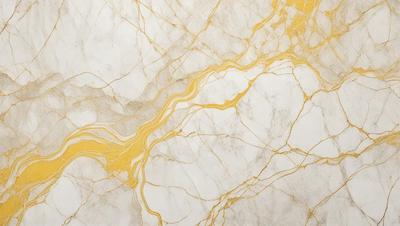 The primary subject of the image is a marble wall with a gold-colored vein running through it. The setting is a room with a white background, and the visual style is a close-up of the marble wall. The colors and mood of the image are predominantly white and gold, creating a luxurious and elegant atmosphere.