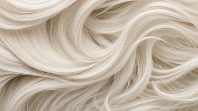 The primary subject of the image is a blonde woman with long, flowing hair. The setting is a white background, which provides a clean and minimalistic look. The visual style is a close-up of the woman's hair, showcasing its texture and beauty. The colors in the image are predominantly white, giving it a clean and serene atmosphere.