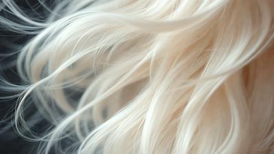 The primary subject of the image is a blonde woman's hair, which is blowing in the wind. The setting is outdoors, with the woman's hair being the main focus of the scene. The visual style is a close-up of the woman's hair, and the colors are predominantly white, giving the image a clean and fresh appearance.
