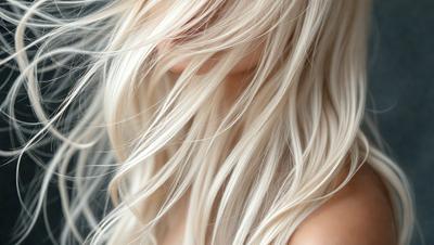 The primary subject of the image is a woman with blonde hair. She has long, flowing hair that is blowing in the wind. The setting is outdoors, with the woman standing in front of a gray background. The visual style is a close-up of the woman's face, showcasing her blonde hair and features. The colors in the image are predominantly shades of gray and white, giving the scene a calm and serene atmosphere.