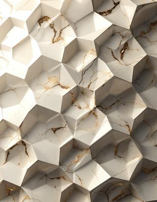 The primary subject of the image is a close-up of a marble wall with a gold pattern. The setting is a room with a white marble wall, and the visual style is a combination of a photo and digital art. The dominant colors are white and gold, creating a luxurious and elegant atmosphere.