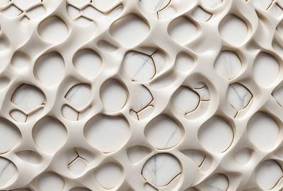 The primary subject of the image is a white marble wall with a pattern of holes in it. The setting is a room with a white marble surface, which adds to the overall visual style. The image is a photo, capturing the intricate details of the marble wall. The dominant colors are white and grey, creating a clean and elegant atmosphere.