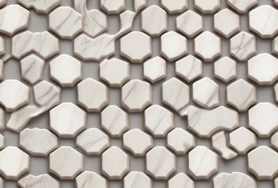 The primary subject of the image is a marble wall with a pattern of white hexagons. The setting is a room with a white marble floor, and the visual style is a close-up of the marble wall. The colors and mood of the image are predominantly white, giving it a clean and elegant appearance.