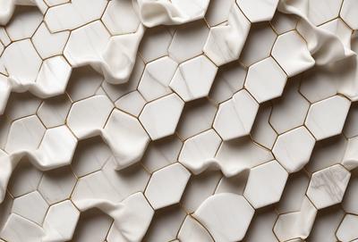 The primary subject of the image is a white marble wall with a pattern of hexagonal shapes. The setting is a room with a white marble floor, and the visual style is a close-up of the wall. The colors and mood of the image are predominantly white, giving it a clean and elegant appearance.