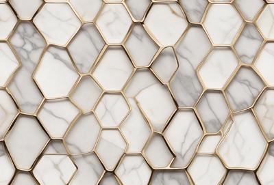 The primary subject of the image is a marble wall with a pattern of hexagonal shapes. The setting is a room with a white marble wall, and the visual style is a close-up of the marble wall. The dominant colors are white and gold, giving the wall a luxurious and elegant appearance.