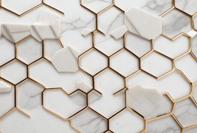 The primary subject of the image is a white marble tile wall with a gold pattern. The setting is a room with a white marble countertop. The visual style is a close-up of the marble tile wall, showcasing the intricate gold pattern. The colors and mood of the image are predominantly white and gold, giving it a luxurious and elegant appearance.