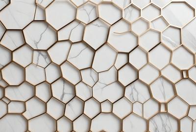 The primary subject of the image is a white marble wall with a unique pattern of hexagonal shapes. The setting is a room with a white marble countertop, which complements the wall design. The visual style is a combination of a photo and digital art, creating a striking and modern appearance. The dominant colors are white and beige, giving the space a clean and elegant atmosphere.