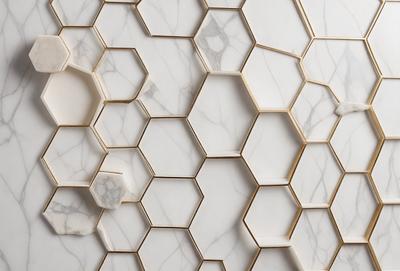 The primary subject of the image is a white marble wall with a hexagonal pattern. The setting is a room with a white marble floor. The visual style is a close-up of the marble wall, showcasing its intricate design. The colors and mood of the image are predominantly white, giving it a clean and elegant appearance.
