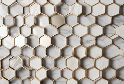 The primary subject of the image is a marble wall with a gold-colored pattern. The setting is a bathroom, and the visual style is a close-up of the wall. The dominant colors are gold and white, creating a luxurious and elegant atmosphere.