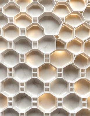 The primary subject of the image is a white marble wall with a pattern of hexagonal shapes. The setting is a room with a white marble wall, and the visual style is a close-up of the wall. The colors and mood of the image are predominantly white, giving it a clean and elegant appearance.
