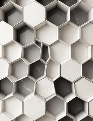 The primary subject of the image is a pattern of hexagonal shapes, which are arranged in a honeycomb-like formation. The setting is a white surface, possibly a wall or a countertop, with the hexagonal shapes covering it. The visual style of the image is a close-up of the hexagonal pattern, showcasing the intricate details of the design. The colors and mood of the image are predominantly white, giving it a clean and minimalist appearance.