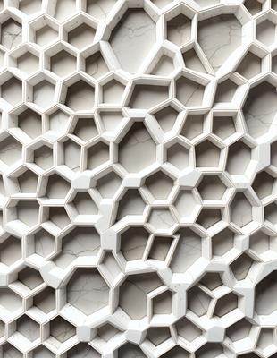 The primary subject of the image is a white wall with a pattern of hexagonal shapes. The setting is a room with a white marble wall, and the visual style is a close-up of the wall. The colors and mood of the image are predominantly white, giving it a clean and minimalist appearance.