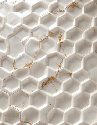 The primary subject of the image is a white tile with gold accents, creating a visually appealing and luxurious appearance. The setting is a wall with a pattern of hexagonal tiles, which adds to the overall aesthetic. The visual style is a close-up of the tile, showcasing the intricate details of the gold accents. The colors and mood of the image are predominantly white and gold, giving it a sophisticated and elegant feel.