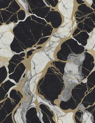 The primary subject of the image is a marble wall with a gold and black pattern. The setting is a room with a black and white marble floor. The visual style is a combination of digital art and illustration, creating a unique and intricate design. The dominant colors are gold, black, and white, giving the space a luxurious and elegant atmosphere.
