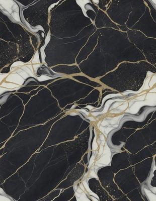 The primary subject of the image is a marble countertop with a gold and black pattern. The setting is a kitchen, and the visual style is a close-up of the countertop. The dominant colors are gold and black, creating a luxurious and elegant atmosphere.