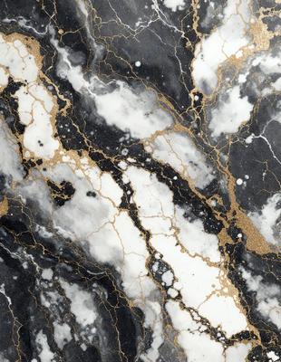 The primary subject of the image is a marble countertop with a gold and black pattern. The setting is a kitchen, and the visual style is a close-up of the marble countertop. The colors and mood of the image are predominantly black and gold, creating a luxurious and elegant atmosphere.