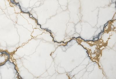 The primary subject of the image is a marble surface with a gold-like pattern. The setting is a white marble countertop, and the visual style is a close-up of the marble surface. The colors and mood of the image are predominantly white and gold, creating a luxurious and elegant atmosphere.
