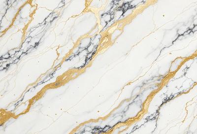 The primary subject of the image is a marble wall with a gold and white pattern. The setting is a room with a white marble surface. The visual style is a close-up of the marble wall, showcasing the intricate gold and white pattern. The colors and mood of the image are elegant and sophisticated, with the gold and white pattern adding a touch of luxury and refinement to the marble wall.