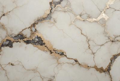 The primary subject of the image is a marble surface with gold accents. The setting is a room with a marble wall, and the visual style is a close-up of the marble surface. The colors and mood of the image are predominantly white and gold, giving it a luxurious and elegant appearance.