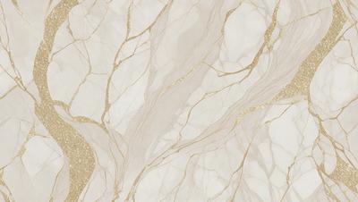 The primary subject of the image is a marble wall with a gold-colored design. The setting is a room with a white background, and the visual style is a combination of photo and digital art. The dominant colors are white and gold, creating a luxurious and elegant atmosphere.