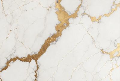 The primary subject of the image is a marble surface with gold accents. The setting is a white marble countertop, and the visual style is a close-up of the marble surface. The colors and mood of the image are predominantly white and gold, creating a luxurious and elegant atmosphere.