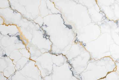 The primary subject of the image is a marble wall with a gold-colored pattern. The setting is a white marble surface, which serves as the background. The visual style is a close-up of the marble wall, showcasing the intricate gold pattern. The colors and mood of the image are predominantly white and gold, creating a luxurious and elegant atmosphere.
