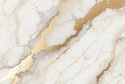 The primary subject of the image is a marble surface with gold accents. The setting is a white marble wall, and the visual style is a close-up of the marble surface. The colors and mood of the image are predominantly white and gold, creating a luxurious and elegant atmosphere.