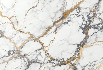 The primary subject of the image is a marble wall with gold accents. The setting is a room with a marble countertop. The visual style is a close-up of the marble wall, showcasing its intricate design. The colors and mood of the image are elegant and sophisticated, with the gold accents adding a touch of luxury.