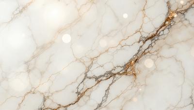The primary subject of the image is a marble surface with a gold-like pattern. The setting is a white marble wall, and the visual style is a close-up of the marble surface. The colors and mood of the image are predominantly white and gold, creating a luxurious and elegant atmosphere.