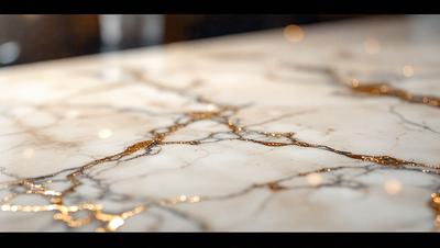 The primary subject of the image is a marble tabletop with a gold-like pattern on it. The setting is a kitchen counter, and the visual style appears to be a combination of a photo and digital art. The colors and mood of the image are warm and inviting, with the gold pattern adding a touch of luxury and sophistication.