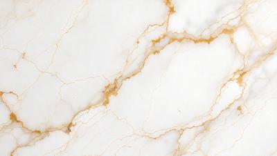 The primary subject of the image is a marble countertop with a gold vein pattern. The setting is a kitchen, and the visual style is a close-up of the marble countertop. The colors and mood of the image are predominantly white and gold, giving it a luxurious and elegant appearance.
