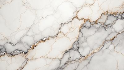 The primary subject of the image is a marble surface with a white and gold color scheme. The setting is a marble countertop, and the visual style is a close-up of the marble surface. The colors and mood of the image are elegant and sophisticated, with the white marble providing a clean and pristine appearance, while the gold accents add a touch of luxury and warmth.