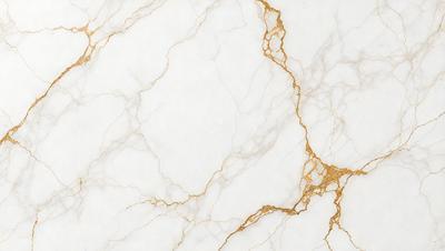 The primary subject of the image is a marble surface with a gold-colored vein running through it. The setting is a white marble countertop, and the visual style is a close-up of the marble surface. The colors and mood of the image are predominantly white and gold, giving it a luxurious and elegant appearance.