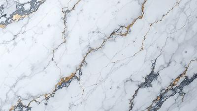 The primary subject of the image is a marble wall with a white and gold color scheme. The setting is a room with a white marble floor, and the visual style is a close-up of the marble wall. The colors and mood of the image are elegant and sophisticated, with the gold accents adding a touch of luxury.