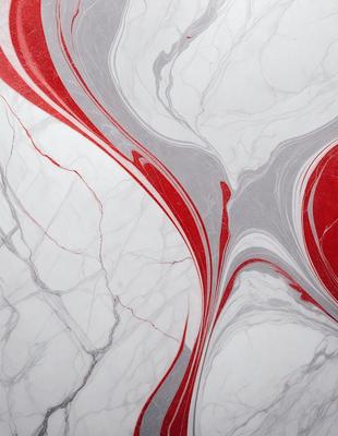 The primary subject of the image is a marble countertop with a red and white pattern. The setting is a kitchen, and the visual style is a close-up of the marble countertop. The dominant colors are red and white, creating a bold and striking appearance.