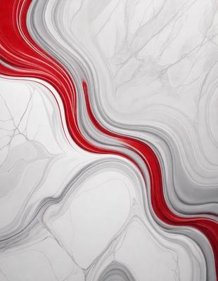 The primary subject of the image is a red and white striped pattern, which is displayed on a white marble surface. The setting appears to be a modern, minimalist environment. The visual style of the image is a combination of digital art and illustration, creating a striking and eye-catching design. The dominant colors in the image are red and white, which evoke a sense of energy and vibrancy.